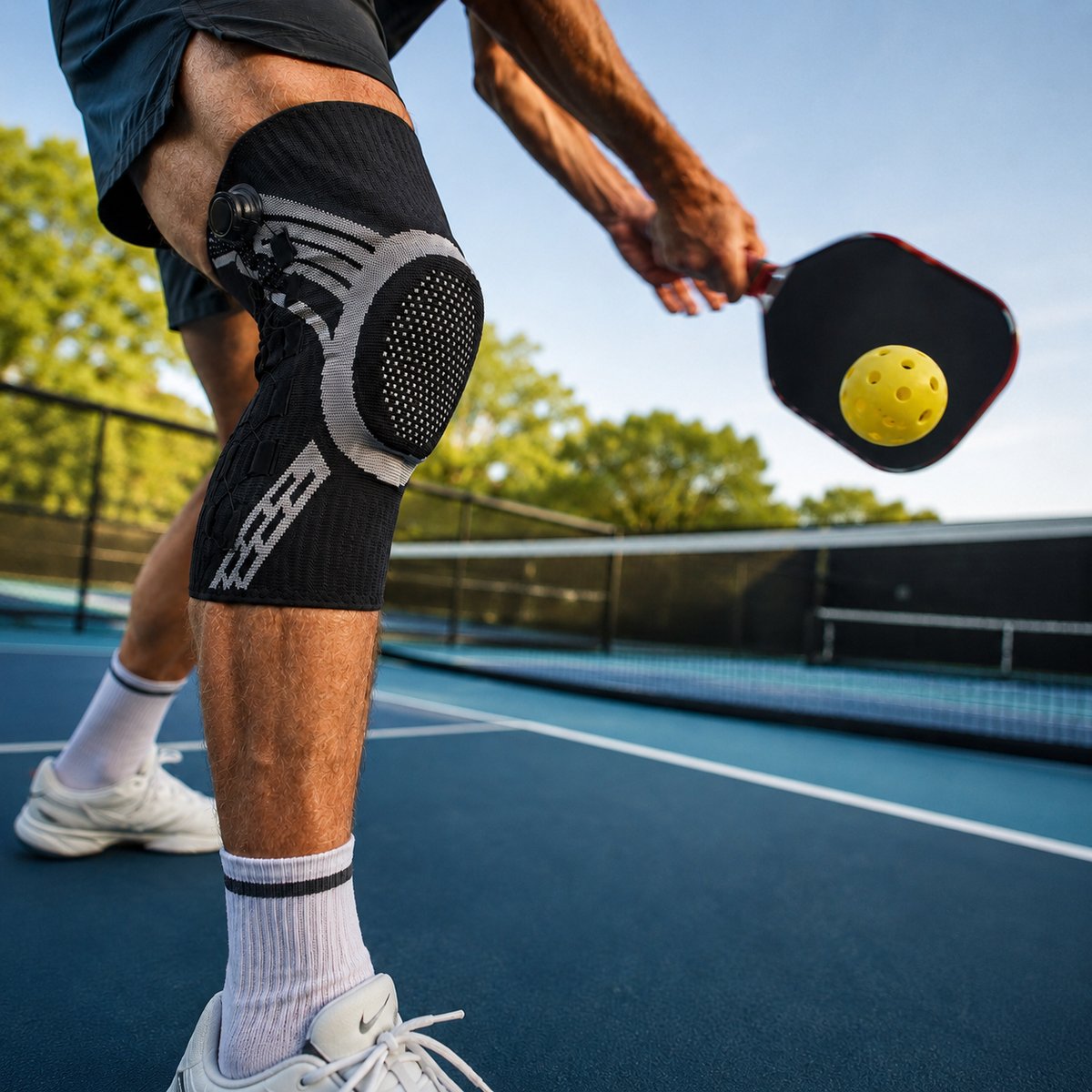 FLEXOR Court Knee Brace worn mid-serve on a pickleball court