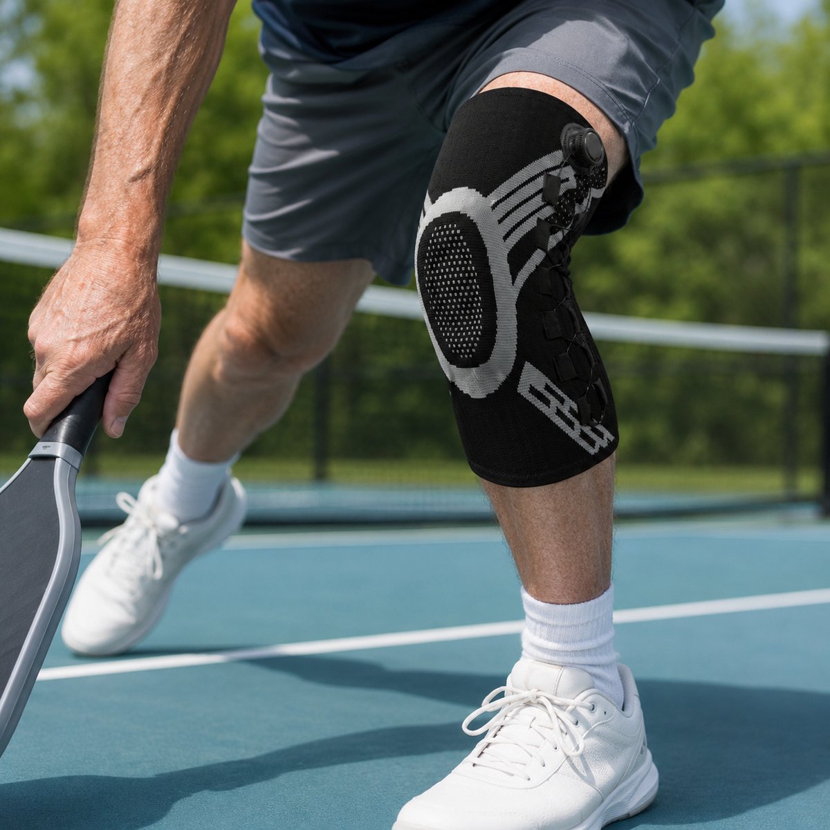 FLEXOR holding steady through a deep lunge on court