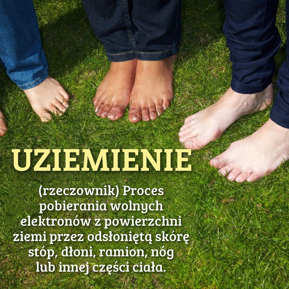 barefoot people on grass with overlayed definition of grounding in terms of earth and electrons